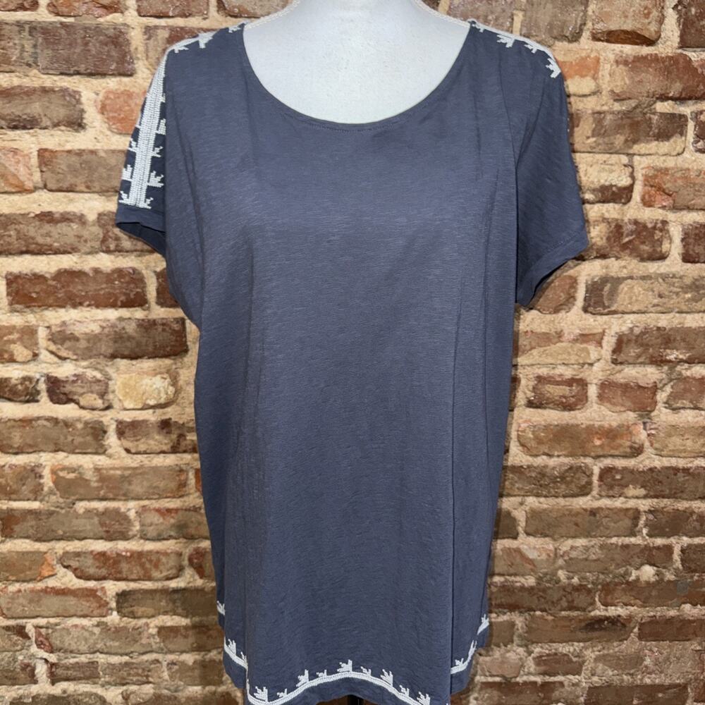 Pure Jill Embroidered Dolman Tunic Gray M Crossstitch Boho Festival EUC America